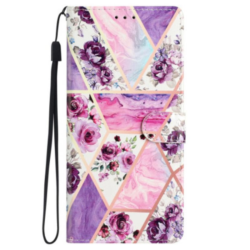 Etui Folio Do Samsung Galaxy S24 5g Marmurowe Fioletowe Kwiaty Z Paskiem