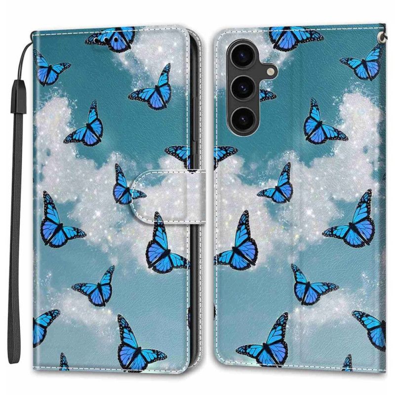 Etui Folio Samsung Galaxy S24 5g Białe Chmury I Niebieskie Motyle Z Paskiem Etui Ochronne