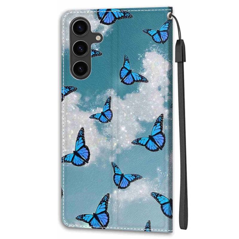 Etui Folio Samsung Galaxy S24 5g Białe Chmury I Niebieskie Motyle Z Paskiem Etui Ochronne