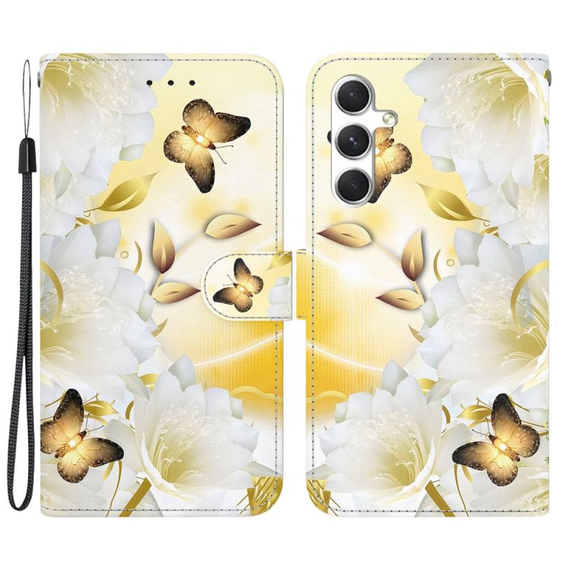 Skórzany Futerał Samsung Galaxy S24 5g Etui Na Telefon Złoty Motyl I Kwiaty Z Paskiem
