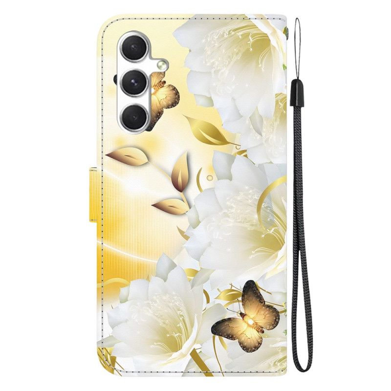 Skórzany Futerał Samsung Galaxy S24 5g Etui Na Telefon Złoty Motyl I Kwiaty Z Paskiem
