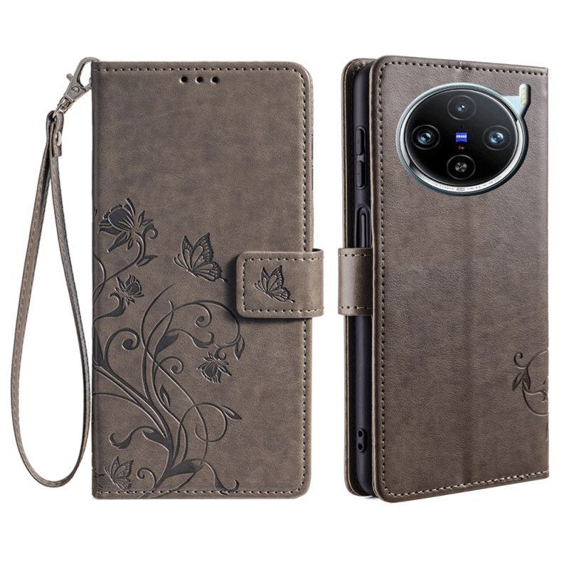 Skórzany Futerał Vivo X100 Pro Etui Na Telefon Pasek W Kwiaty
