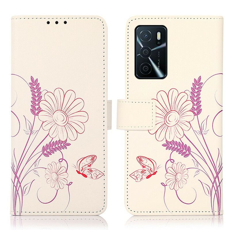 Etui Folio Do Oppo A16 / A16s Rysowanie Motyli I Kwiatów