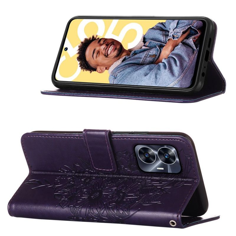 Etui Folio Realme C55 Portfel Z Paskiem W Kwiatowy Wzór Motyla Etui Ochronne