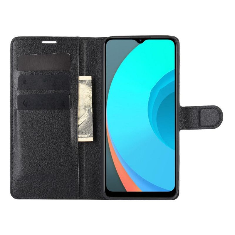 Skórzany Futerał Realme C11 Biały Czarny Etui na Telefon Klasyczny Efekt Liczi