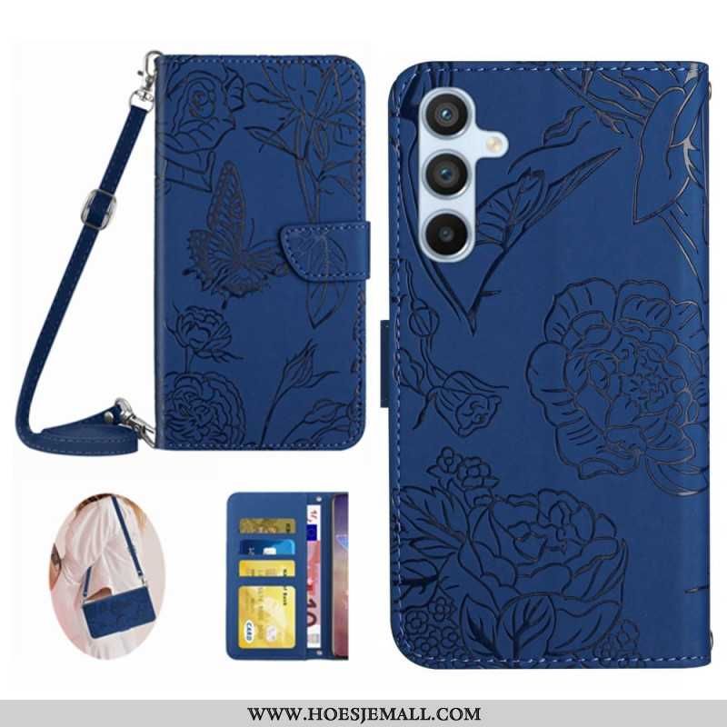 Skórzany Futerał Samsung Galaxy M55 5g Etui Na Telefon Nadruk W Motyle Z Paskiem Na Ramię