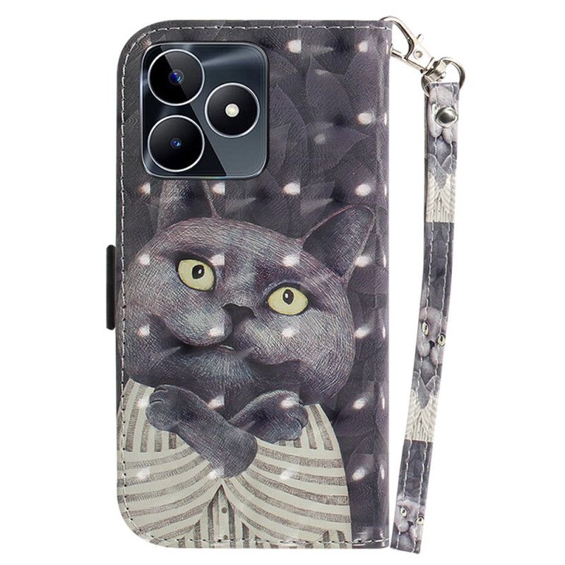 Etui Folio Realme C53 Uchwyt Z Szarym Kotem I Smyczką Etui Ochronne