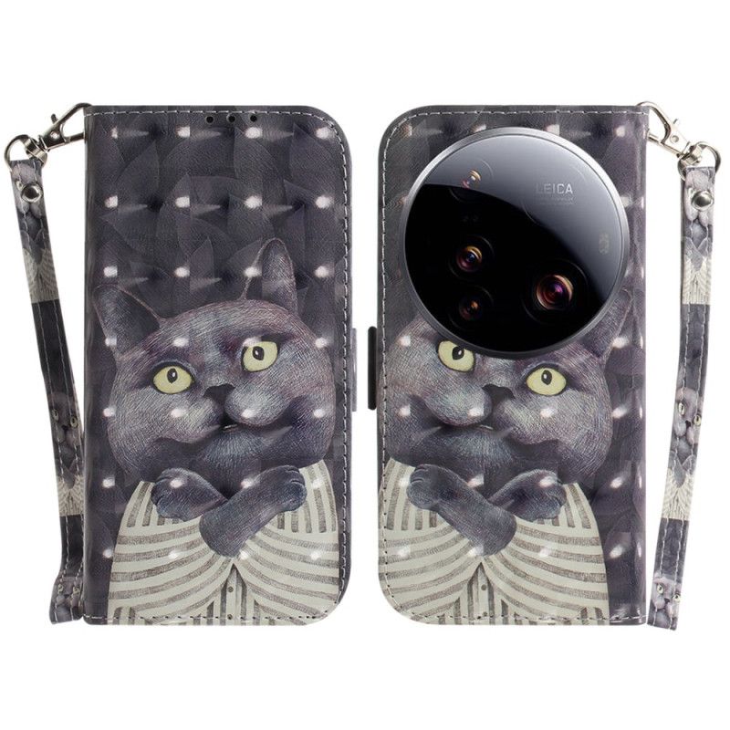 Skórzany Futerał Xiaomi 15 Ultra Etui Na Telefon Szary Kot Ze Smyczką