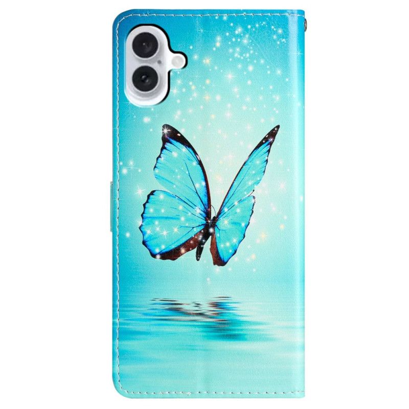 Skórzany Futerał iPhone 16 Etui Na Telefon Niebieski Motyl Z Paskiem
