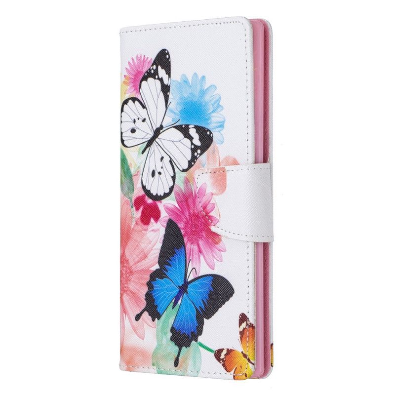 Etui Folio Samsung Galaxy Note 10 Plus Jasnoniebieski Malowane Motyle I Kwiaty