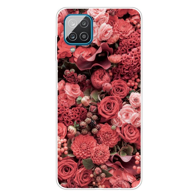 Etui Samsung Galaxy A12 Różowy Czerwony Intensywne Kwiaty
