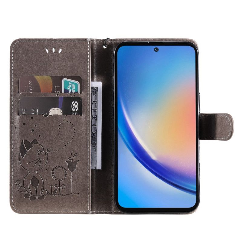 Skórzany Futerał Samsung Galaxy A55 5g Etui Na Telefon Kot I Pszczoły Z Paskiem
