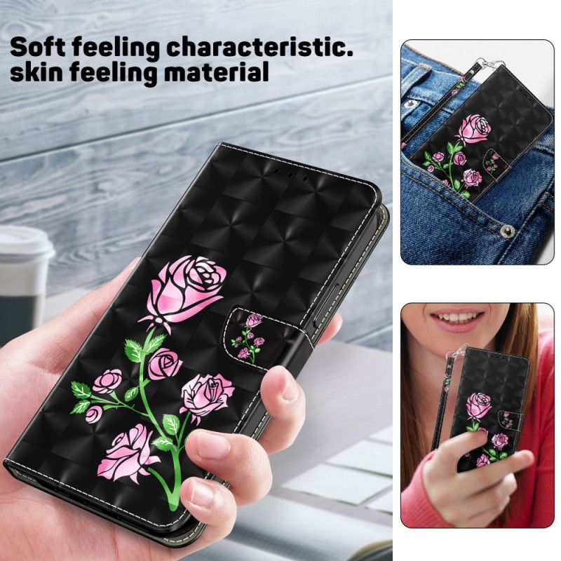 Skórzany Futerał Samsung Galaxy A55 5g Etui Na Telefon Różowe Kwiaty Na CZarnym Tle Z Paskiem