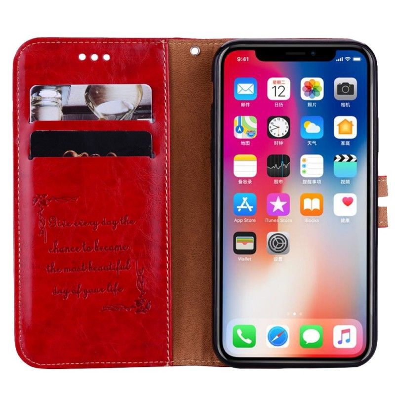 Etui Folio iPhone XS Czerwony Czarny Wosk Olejny Księcia Z Efektem Skóry