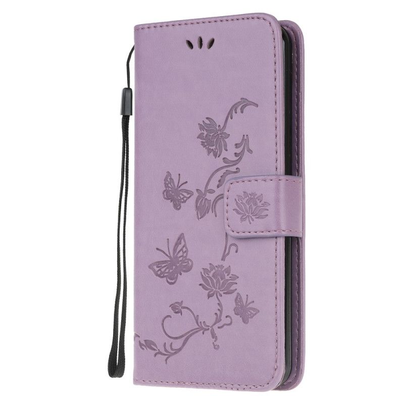Etui Folio Samsung Galaxy A52 4G / A52 5G Szary Czarny Motyle I Kwiaty Na Stringach Etui Ochronne