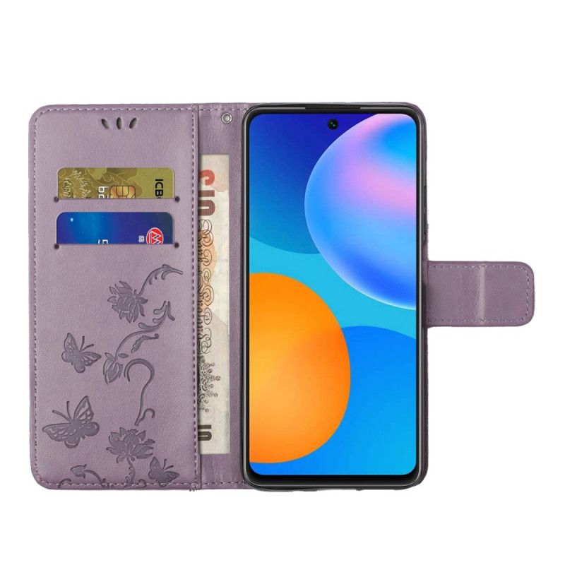 Etui Folio Samsung Galaxy A52 4G / A52 5G Szary Czarny Motyle I Kwiaty Na Stringach Etui Ochronne