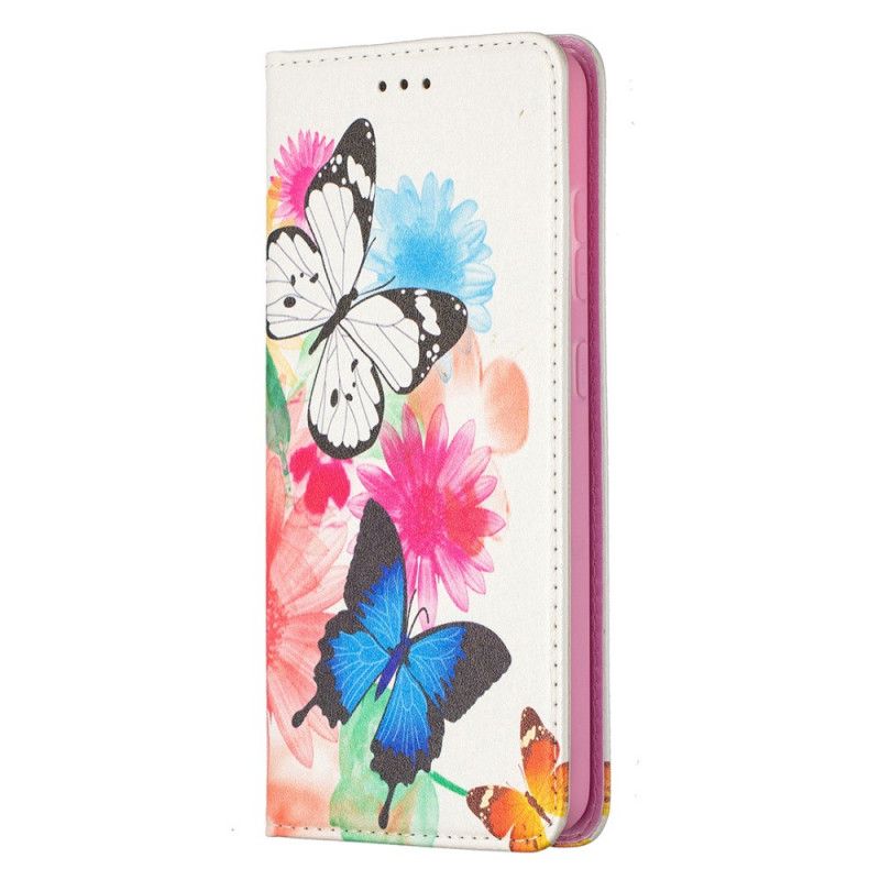 Flip Kotelot Samsung Galaxy A52 4G / A52 5G Jasnoniebieski Biały Kolorowe Motyle Etui Ochronne