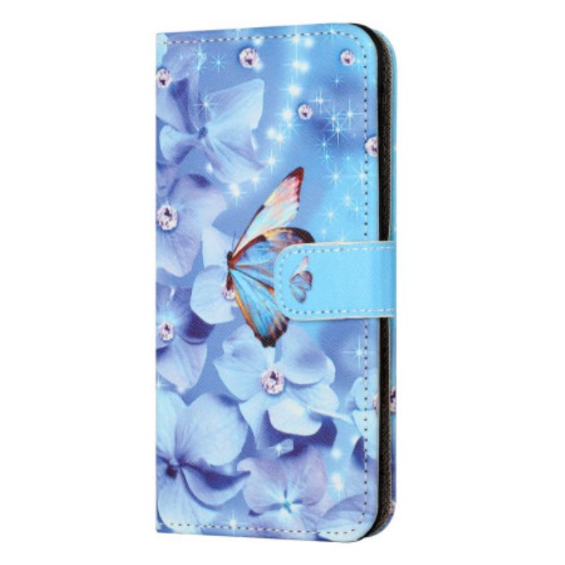 Etui Folio Xiaomi Redmi Note 13 5g Niebieskie Kwiaty I Motyl Z Paskiem Etui Ochronne