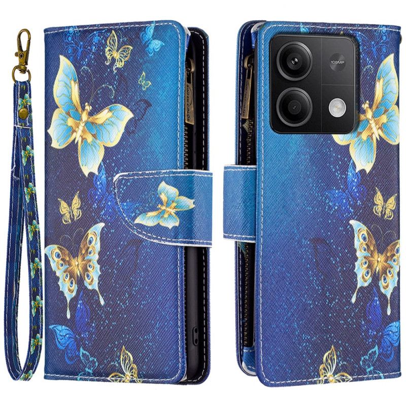 Skórzany Futerał Xiaomi Redmi Note 13 5g Etui Na Telefon Portfel W Złote Motyle Z Paskiem