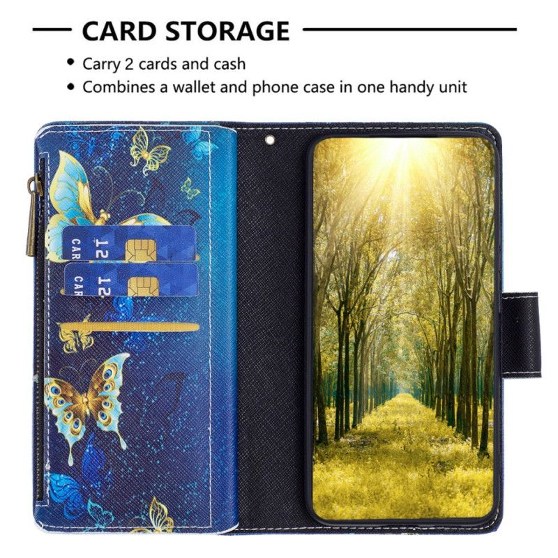 Skórzany Futerał Xiaomi Redmi Note 13 5g Etui Na Telefon Portfel W Złote Motyle Z Paskiem