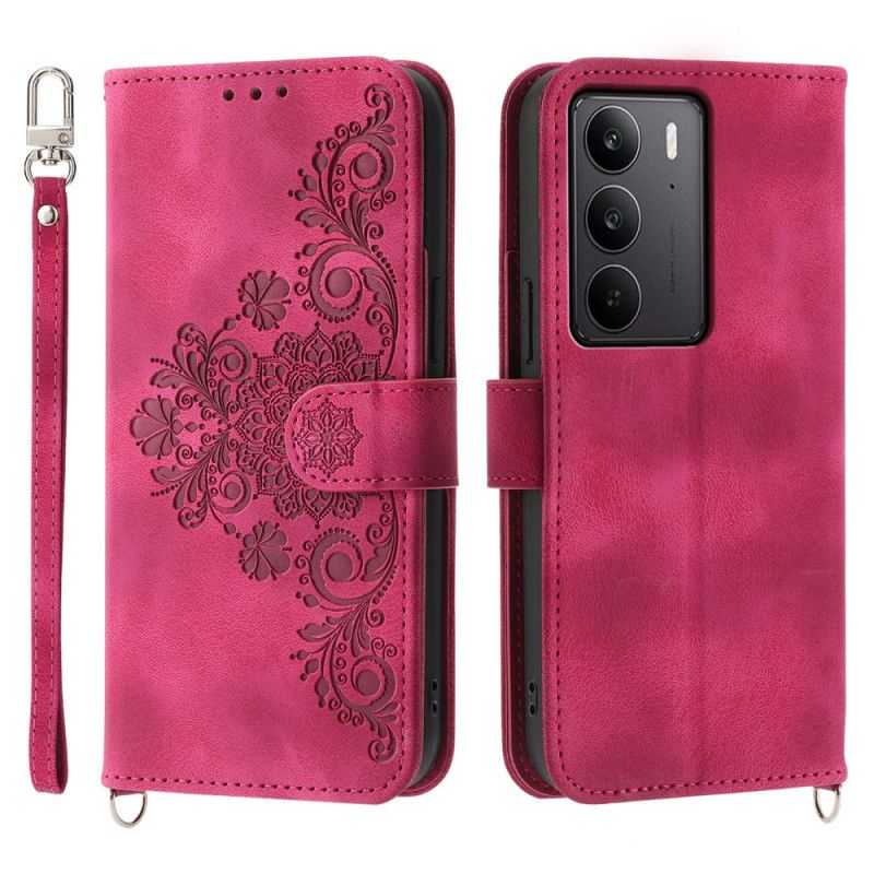 Etui Folio Realme C75 Zamsz Efekt Koronki Z Paskiem I Paskiem Na Ramię Etui Ochronne