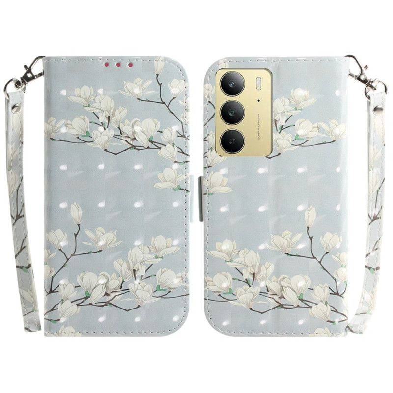 Skórzany Futerał Realme C75 Etui Na Telefon Smycz Z Magnoliami