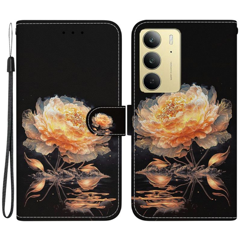 Skórzany Futerał Realme C75 Etui Na Telefon Złota Piwonia