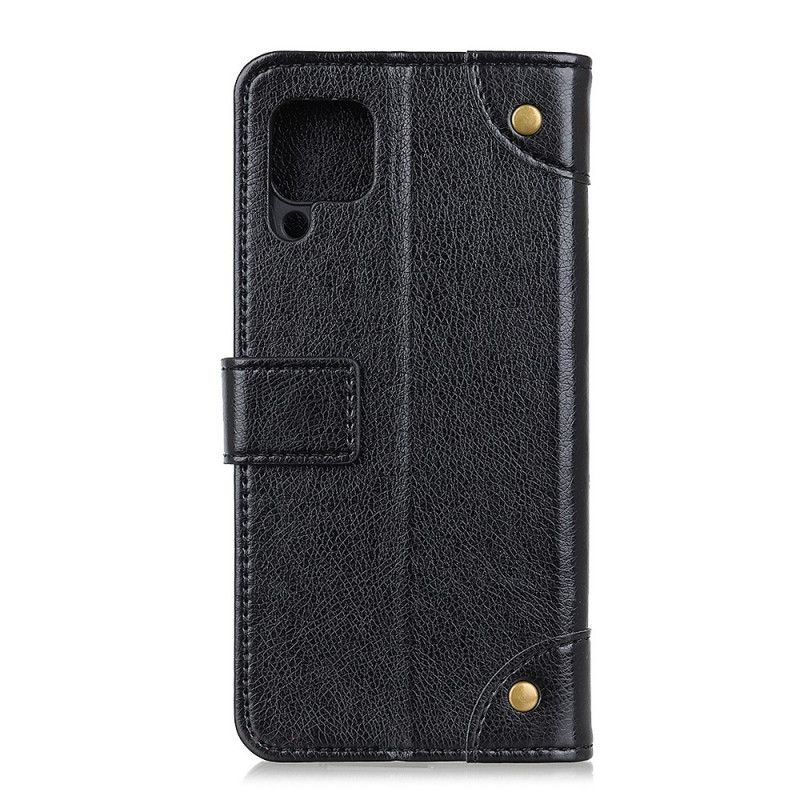 Flip Kotelot Samsung Galaxy A42 5G Czerwony Czarny Nity Dzielone Ze Skóry Nappa Etui Ochronne