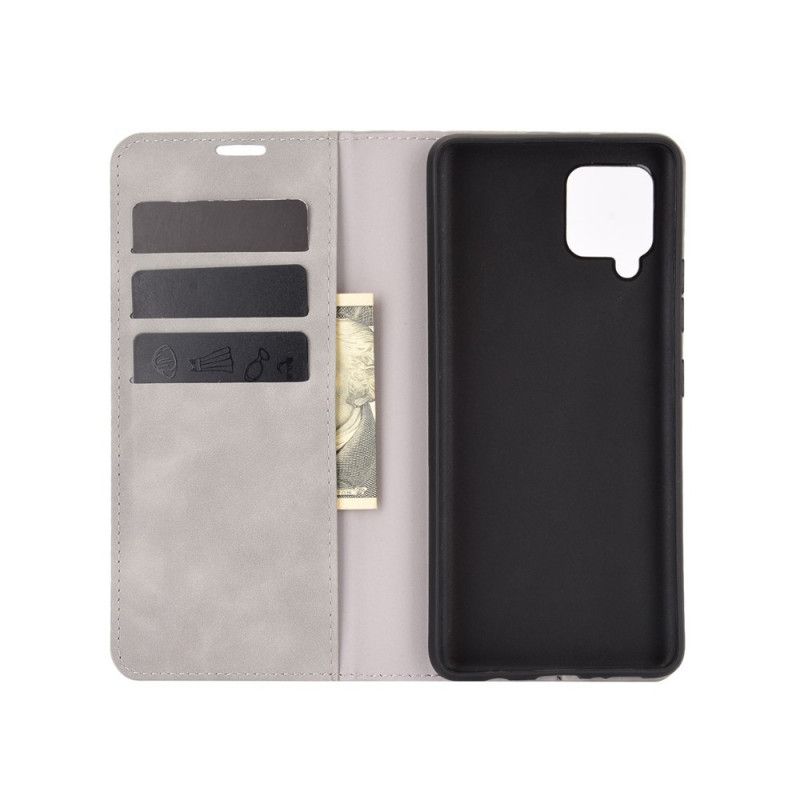 Flip Kotelot Samsung Galaxy A42 5G Szary Czarny Efekt Miękkiej Skóry Etui Ochronne