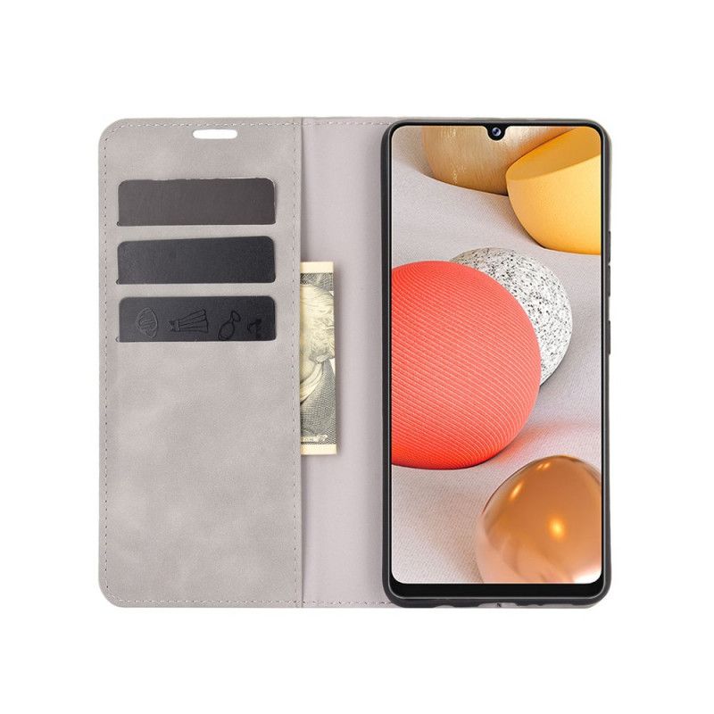 Flip Kotelot Samsung Galaxy A42 5G Szary Czarny Efekt Miękkiej Skóry Etui Ochronne