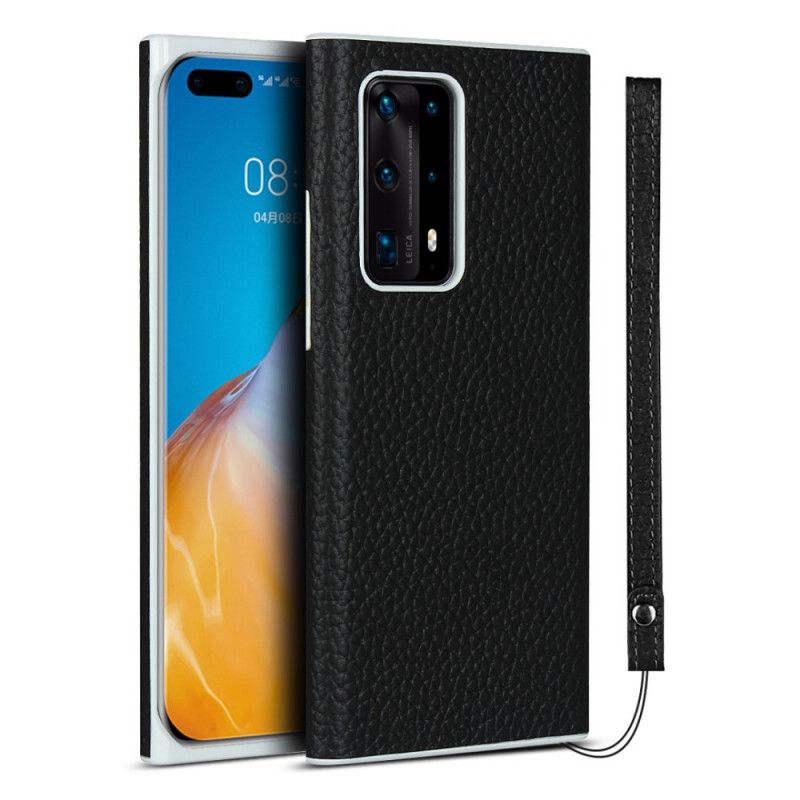 Etui Huawei P40 Pro Plus Szary Czarny Prawdziwa Skóra Liczi Z Paskiem Etui Ochronne