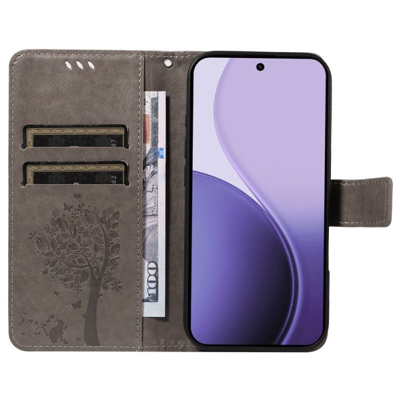 Skórzany Futerał Oppo Reno 14 5g Etui Na Telefon Drzewo I Kot