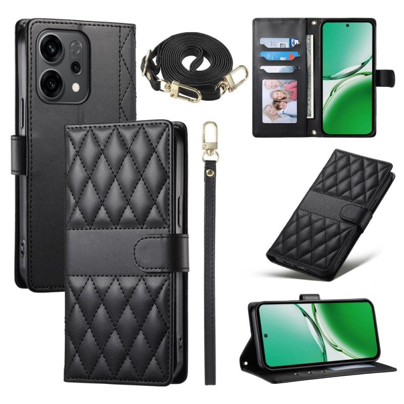 Skórzany Futerał Oppo Reno 14 5g Etui Na Telefon Styl Pikowany Z Paskiem I Paskiem Na Ramię