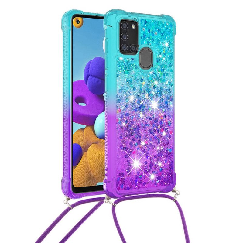 Etui Samsung Galaxy A21s Jasnoniebieski Różowy Silikonowy Brokat I Sznurek Etui Ochronne