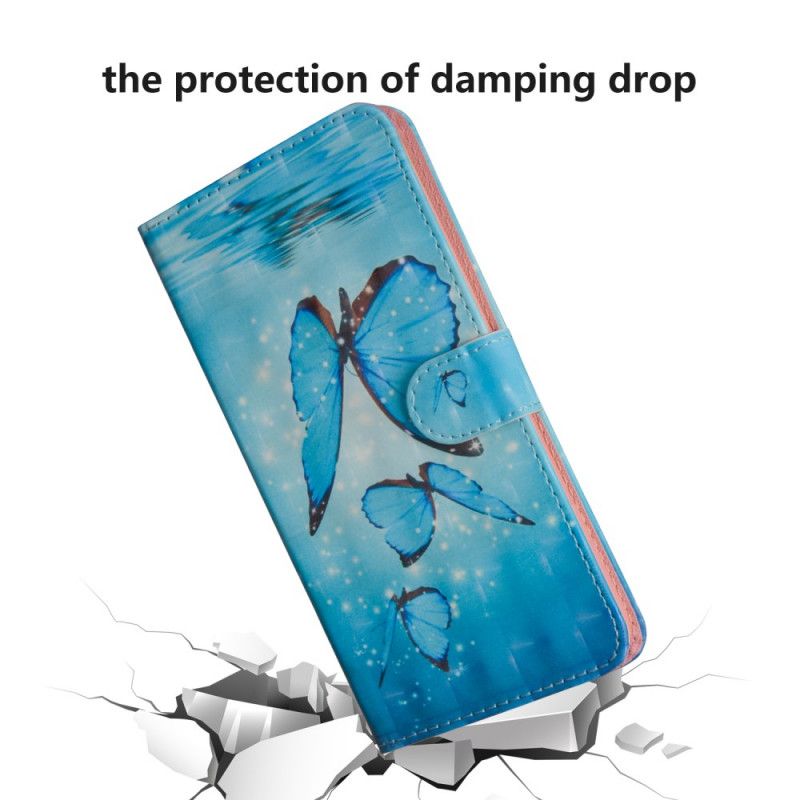 Skórzany Futerał Samsung Galaxy A21s Etui na Telefon Latające Niebieskie Motyle
