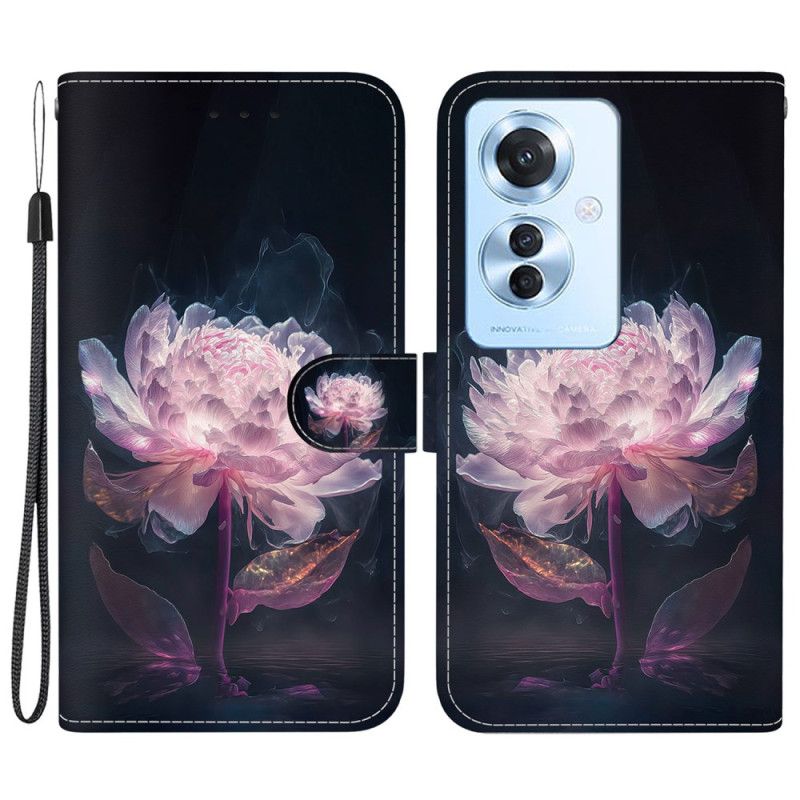 Skórzany Futerał Oppo Reno 11f 5g Etui Na Telefon Fioletowa Piwonia Z Paskiem