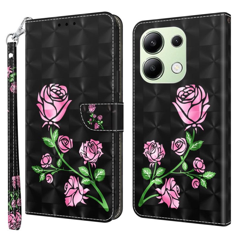 Skórzany Futerał Xiaomi Redmi Note 13 4g Etui Na Telefon Różowe Kwiaty Z Paskiem