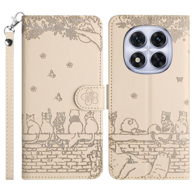Skórzany Futerał Xiaomi Redmi Note 14 Pro 5g Etui Na Telefon Wzór Kota Z Paskiem