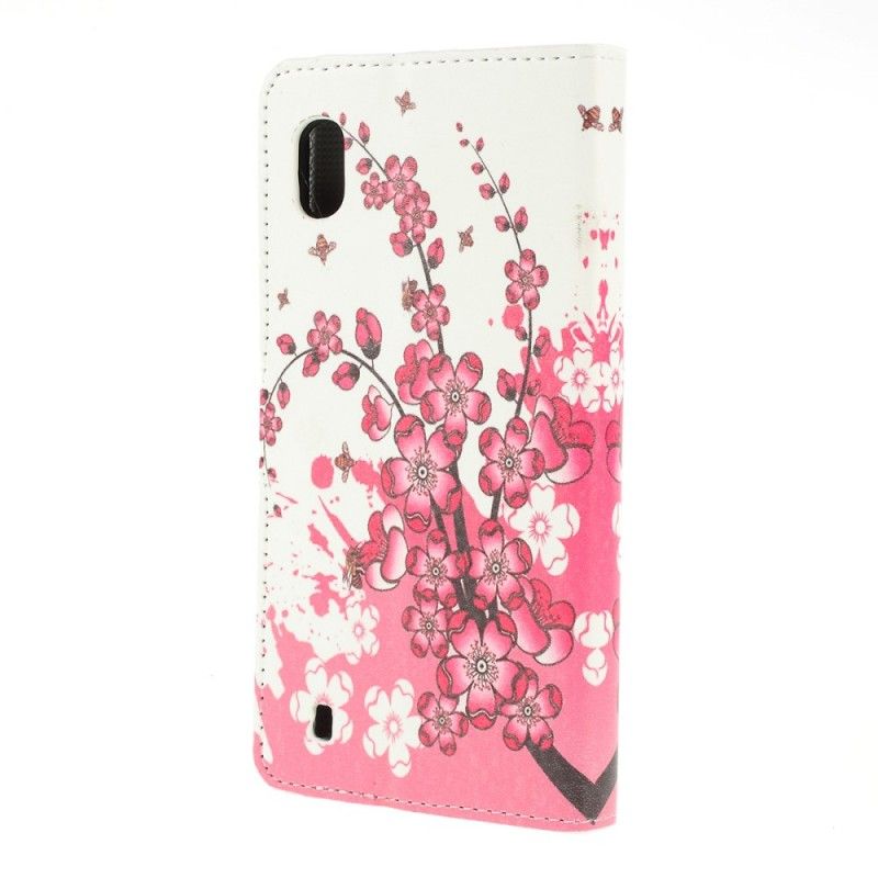 Etui Folio Samsung Galaxy A10 Różowy Magenta Kwiaty Tropikalne