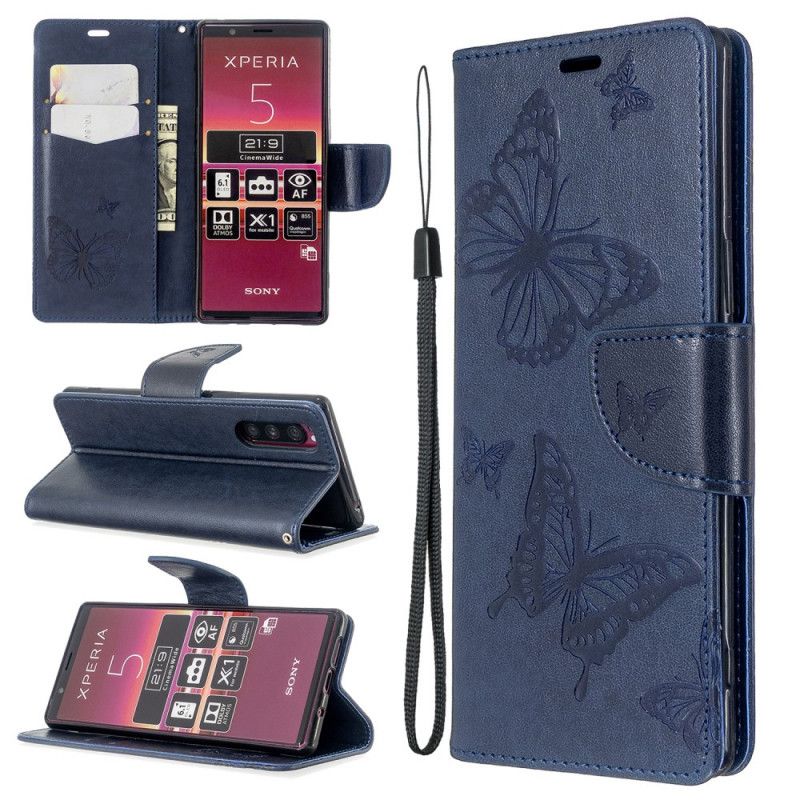 Etui Folio Sony Xperia 5 Ciemnoniebieski Magenta Drukowane Motyle Ze Stringami Etui Ochronne