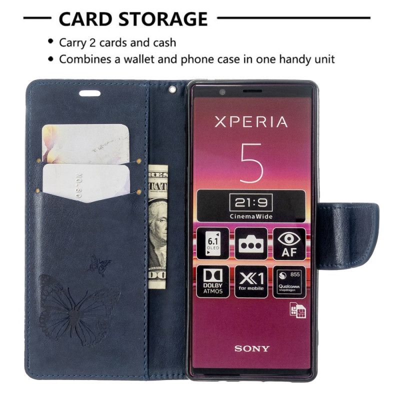 Etui Folio Sony Xperia 5 Ciemnoniebieski Magenta Drukowane Motyle Ze Stringami Etui Ochronne