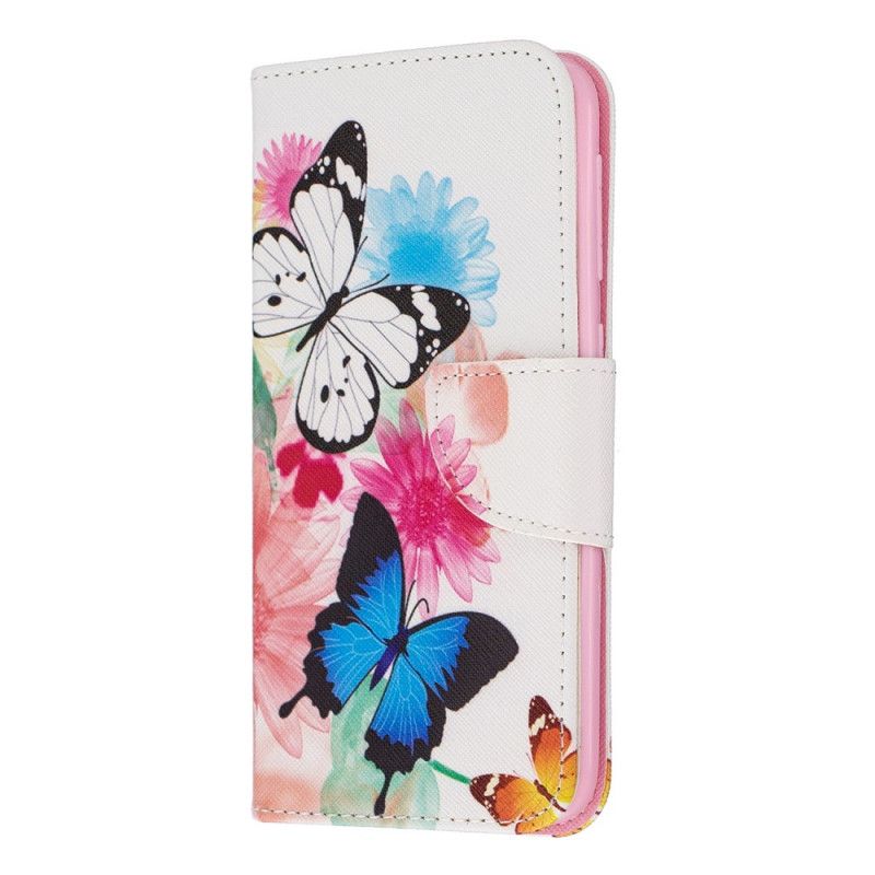 Etui Folio Samsung Galaxy A10e Jasnoniebieski Magenta Malowane Motyle I Kwiaty Etui Ochronne