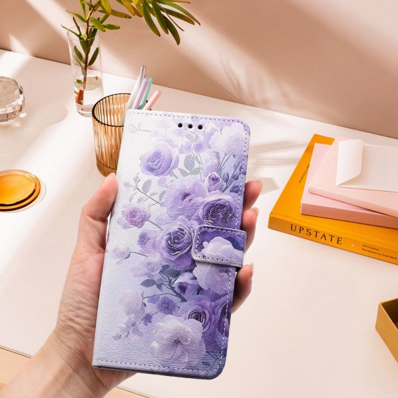 Skórzany Futerał Vivo V60 Lite Etui Na Telefon Fioletowe Róże