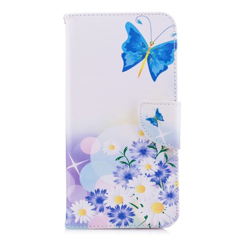 Etui Folio Huawei Y7 2018 Jasnoniebieski Malowane Motyle I Kwiaty