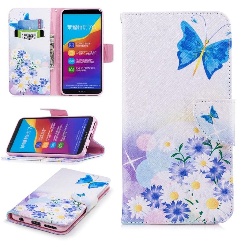 Etui Folio Huawei Y7 2018 Jasnoniebieski Malowane Motyle I Kwiaty