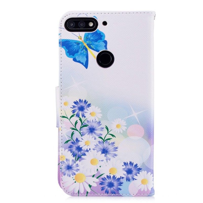 Etui Folio Huawei Y7 2018 Jasnoniebieski Malowane Motyle I Kwiaty