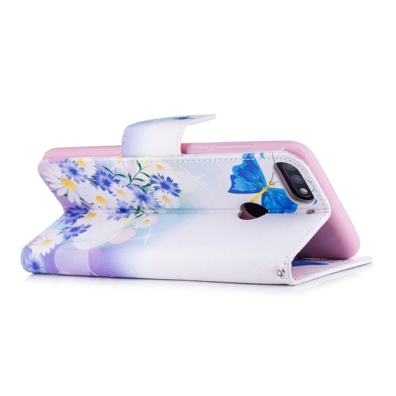 Etui Folio Huawei Y7 2018 Jasnoniebieski Malowane Motyle I Kwiaty