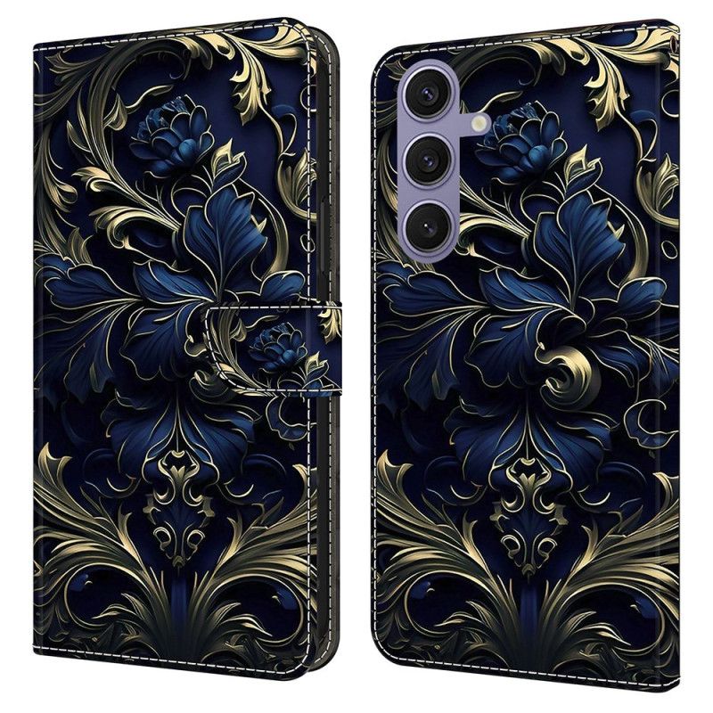 Skórzany Futerał Samsung Galaxy S25 Plus 5g Etui Na Telefon Metaliczny Niebieski Kwiat