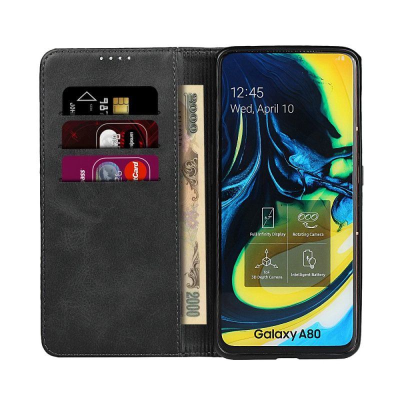 Flip Kotelot Samsung Galaxy A80 / A90 Granatowy Czarny Szwy Z Imitacji Skóry Etui Ochronne