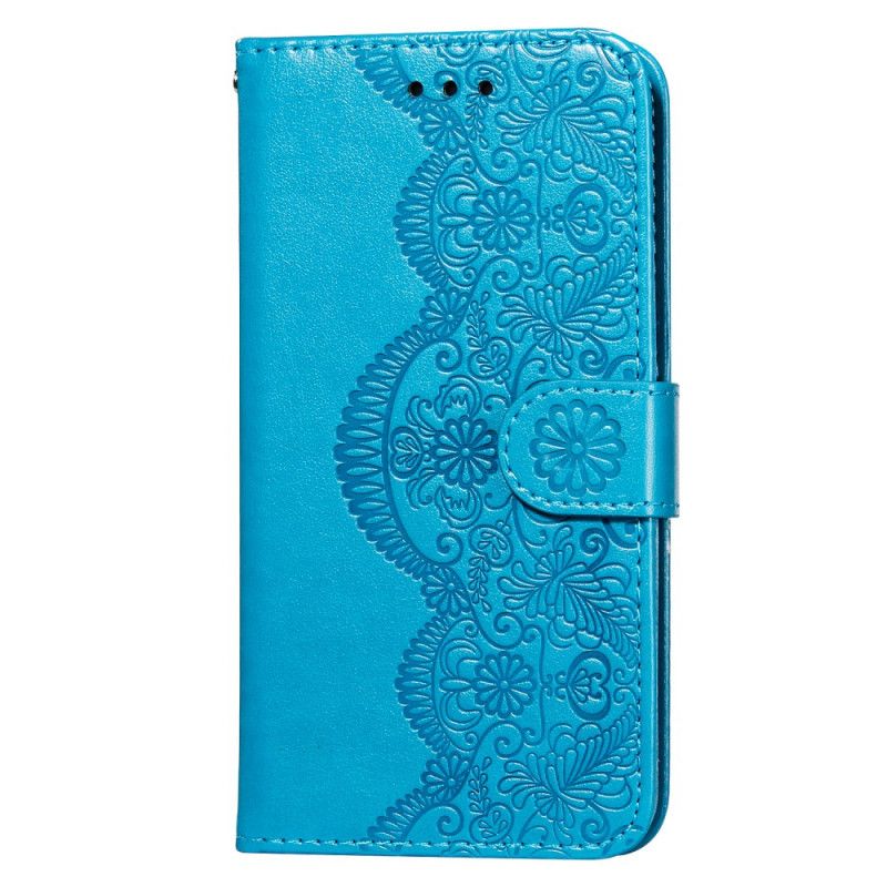 Etui Folio Samsung Galaxy S21 Plus 5G Jasnoniebieski Czerwony Nadruk Haftu Kwiatowego Etui Ochronne